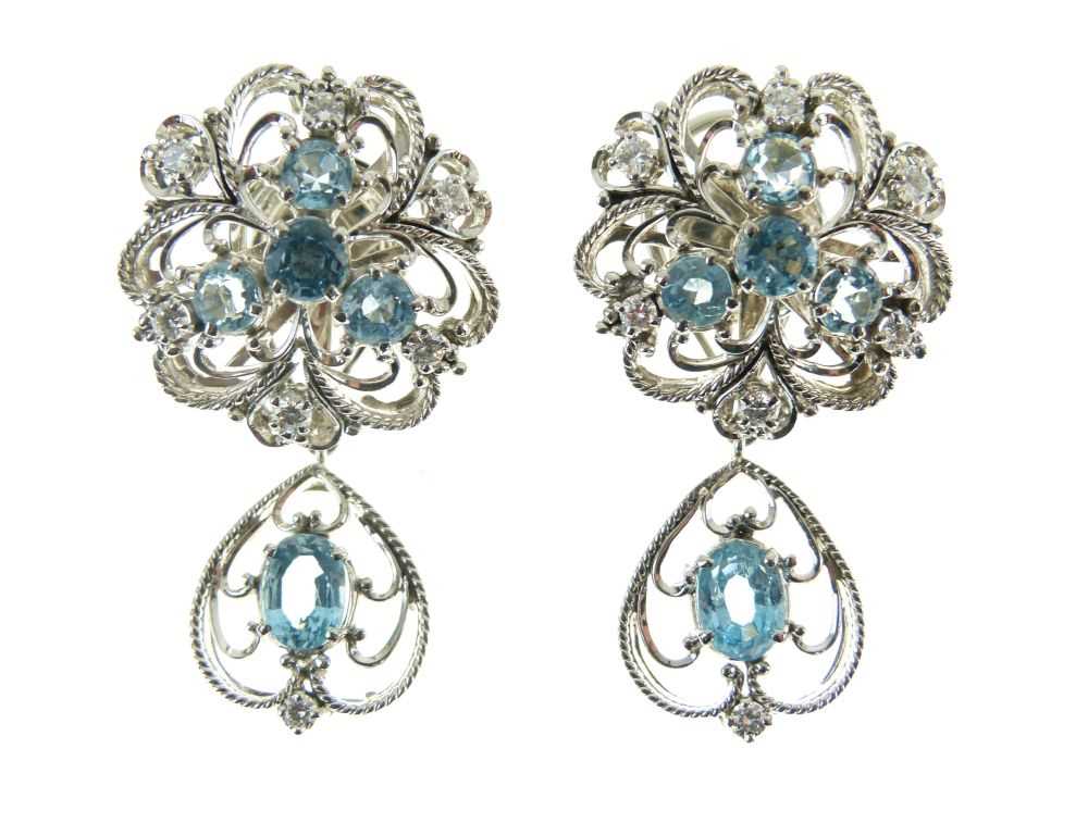 Lot 27 - Pair of aquamarine and diamond drop earrings