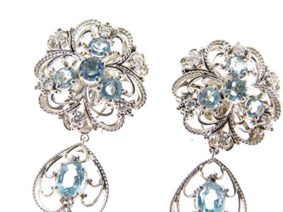 Lot 27 - Pair of aquamarine and diamond drop earrings