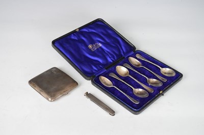 Lot 143 - Cased set of six silver spoons, silver cigarette case, and pen knife