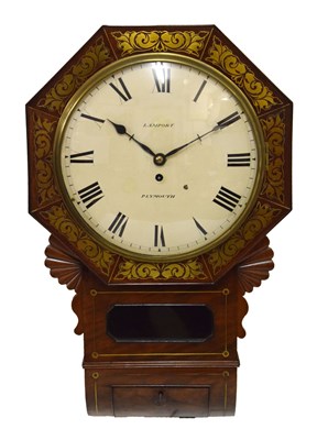 Lot 445 - Early Victorian brass-inlaid mahogany-cased single-fusee drop-dial wall clock, Lamport, Plymouth