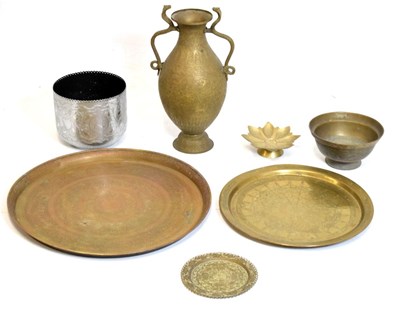 Lot 621 - Quantity of brassware etc to include Indian vase with snake handles, etc