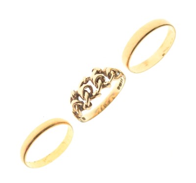 Lot 31 - 9ct gold ring with plaited decoration, size N, and two unmarked yellow metal wedding bands