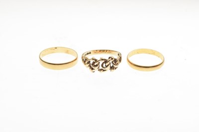 Lot 31 - 9ct gold ring with plaited decoration, size N, and two unmarked yellow metal wedding bands