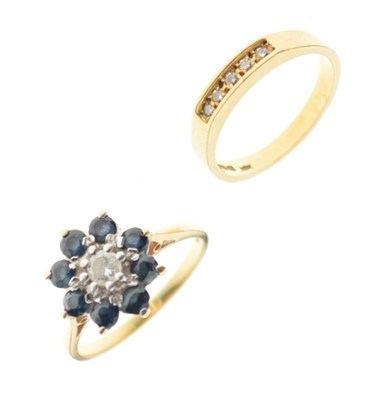 Lot 30 - 18ct gold five-stone diamond ring, and a sapphire and diamond cluster ring, stamped '18ct'