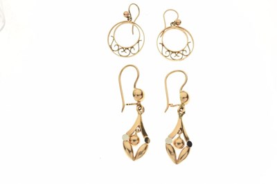 Lot 72 - Pair of Middle Eastern high carat yellow metal drop earrings, and a pair '9ct' yellow metal hoop earrings