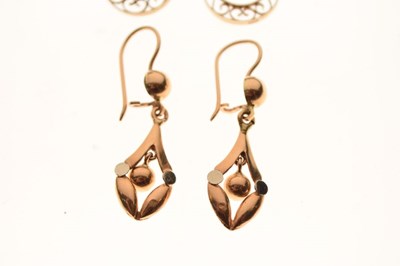 Lot 72 - Pair of Middle Eastern high carat yellow metal drop earrings, and a pair '9ct' yellow metal hoop earrings