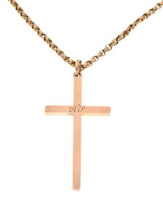 Lot 81 - Unmarked 'rose gold'-coloured cross pendant, on a '9c' tagged belcher-link chain