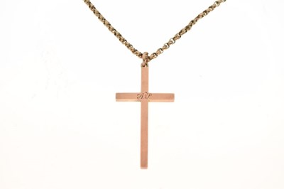 Lot 81 - Unmarked 'rose gold'-coloured cross pendant, on a '9c' tagged belcher-link chain