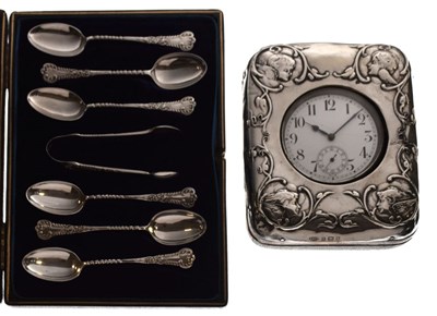 Lot 127 - Late Victorian cased coffee set and early 20th Century silver cased desk clock