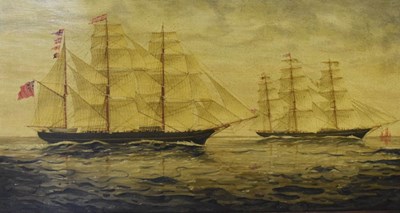 Lot 742 - Primitive School - Oil on board - Tall-masted ships