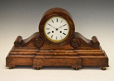 Lot 528 - Late Victorian figured walnut drumhead mantel clock