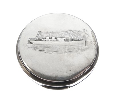 Lot 167 - Circular silver box with embossed Danish ocean liner to front