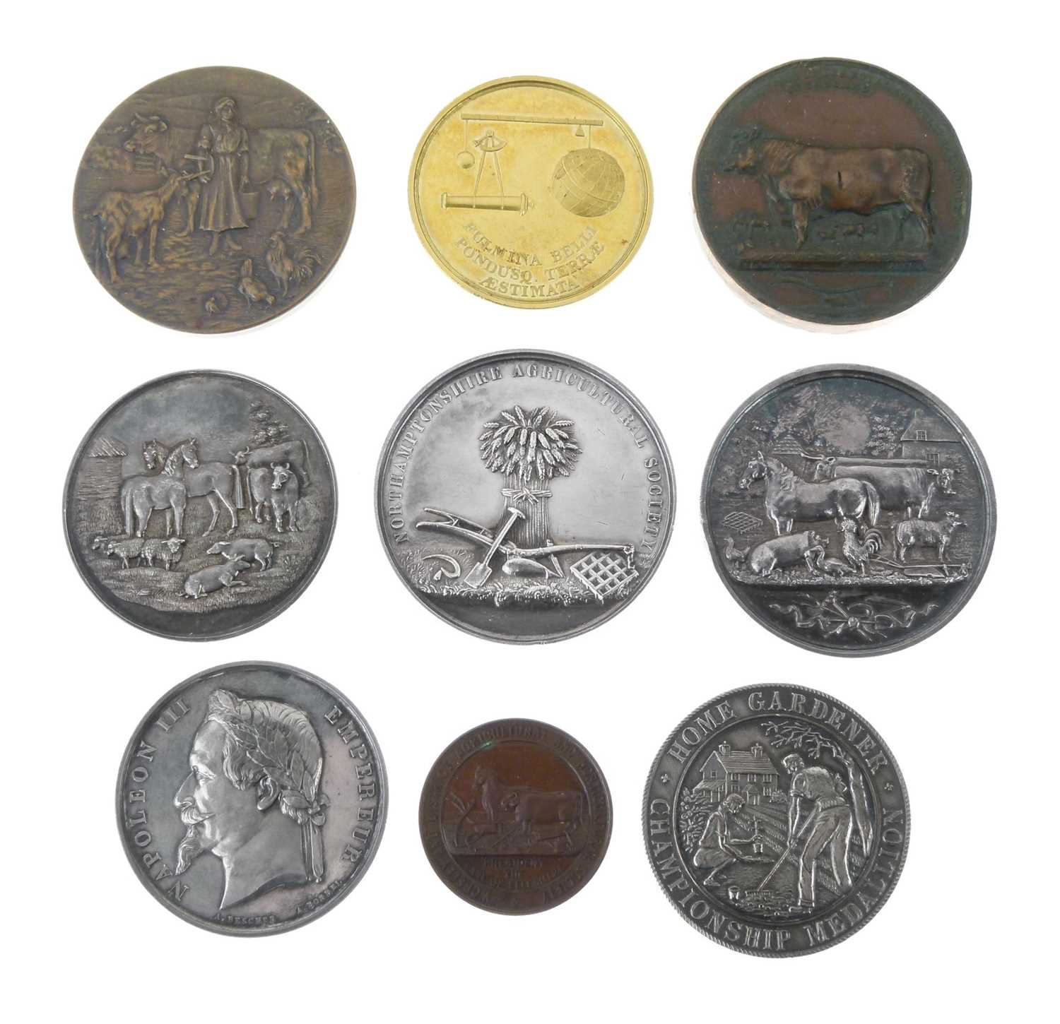 Lot 135 - Four silver and white metal agricultural medallions, etc