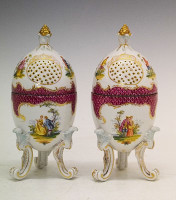 Lot 390 - Pair of Dresden porcelain egg-shaped pomanders