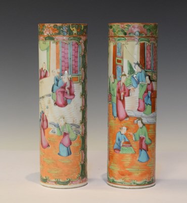 Lot 398 - Pair of 19th Century Chinese Canton Famille Rose sleeve vases