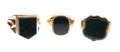 Lot 45 - Three 9ct gold hardstone set signet rings