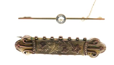 Lot 66 - Victorian 9ct gold brooch, and a bar brooch set single aquamarine
