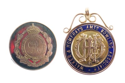 Lot 327 - Walker and Homfray's 9ct gold bowling medal & Royal Engineers badge