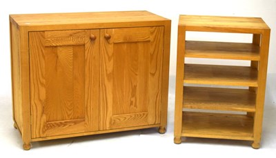 Lot 710 - Modern oak two-door cupboard, set of open shelves and a pair of table lamps