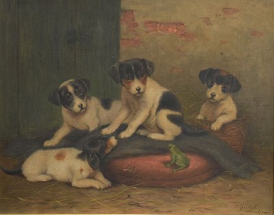 Lot 419 - Sophie Sperlich (1863-1906) - Oil on canvas - Puppies observing a frog