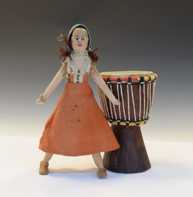 Lot 255 - Small tribal hand drum and wooden doll