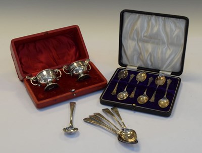 Lot 175 - Five Georgian silver teaspoons, cased pair of salts and cased teaspoons