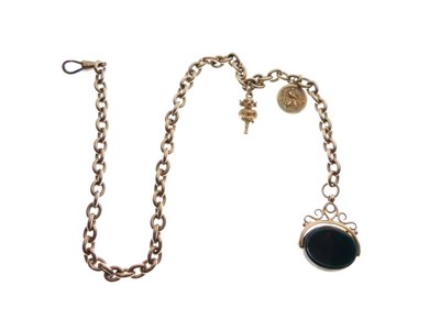 Lot 108 - 9ct gold Albert watch chain, attached 9ct gold, bloodstone and carnelian swivel fob