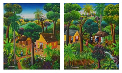 Lot 420 - Jean David Boursiquot (Haiti, b.1949) -  Pair of acrylics on canvas - Rural village scenes