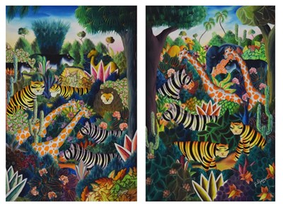 Lot 421 - Jerome Polycarpe (Haitian, b.1950) - Pair of oils on canvas - Jungle animals