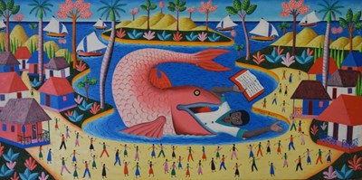 Lot 416 - Charles Saul, (Haitian, b.1943) - Oil on board - Jonah and the Whale