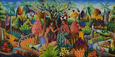 Lot 418 - Gesner Abelard (Haitian, b. 1922) - Oil on canvas - Garden of Eden with Adam & Eve