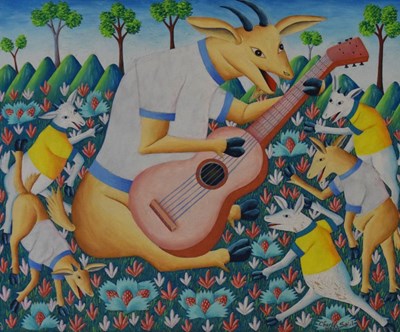 Lot 412 - Charles Saul (Haitian, b. 1943) - Oil on board - Goat musicians