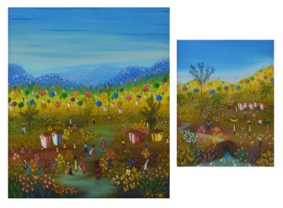 Lot 415 - Mario Montilus (Haitian, b. 1961) - Two oils on board -Landscapes/village scenes