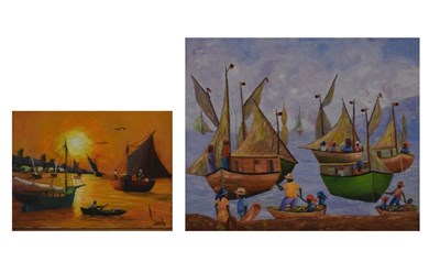 Lot 660 - Haitian School - Two oils on canvas - Coastal scenes with fishing boats