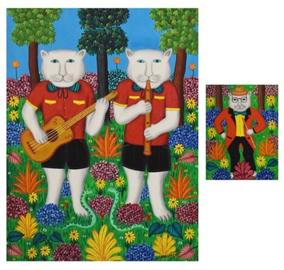 Lot 419 - J. Charlemagne (Haitian School) - Two works depicting cat musicians