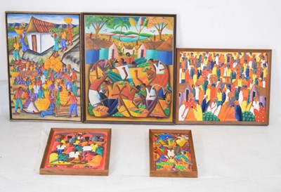 Lot 702 - Five Haitian School paintings Oils/ acrylics on canvas - Village/ market scene