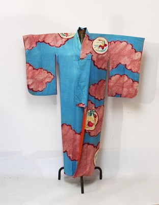 Lot 206 - Japanese kimono or robe, with stylised flowers on pale coral ground