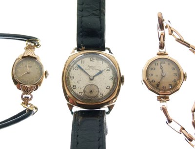 Lot 75 - 9ct gold cased Rone Sportsman wristwatch, together with two ladies 9ct gold cocktail watches