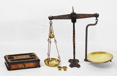 Lot 669 - Set of Avery's balance scales and a brass mounted ink stand