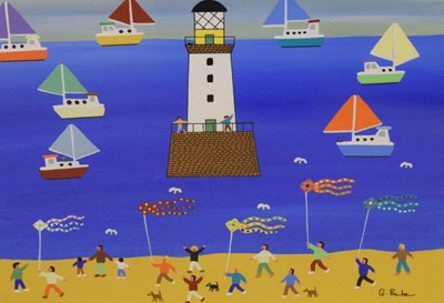 Lot 556 - Gordon Barker - Acrylic - 'Flying Kites on the Beach'