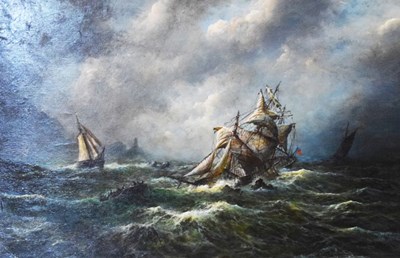 Lot 537 - Graham Hodges (British, 1952) - Oil on canvas - Ships on a stormy sea