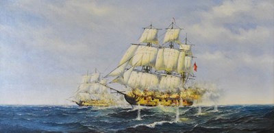 Lot 753 - Follower of Montague Dawson - Oil on canvas - naval battle scene