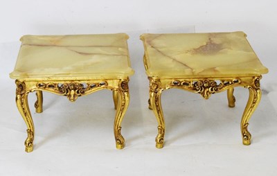 Lot 696 - Pair of onyx and gilt square top low tables