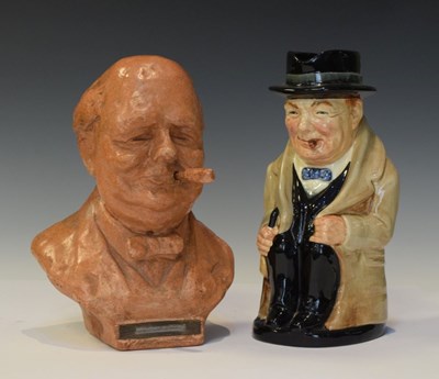 Lot 364 - 20th Century terracotta table lighter bust of Winston Churchill and character jug