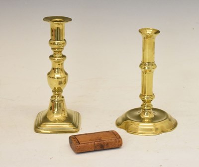 Lot 275 - Two Georgian brass candlesticks and snuff box