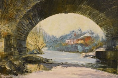 Lot 610 - Anthony Warren - Oil on canvas - River bridge with arch