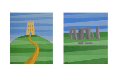 Lot 655 - A.C. Pillinger (Pills) - Pair of acrylics on board - Glastonbury Tor, and Stonehenge