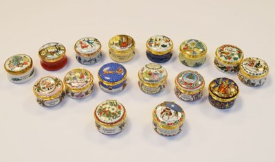 Lot 290 - Collection of fifteen Halcyon Days Bilston and Battersea Enamel Christmas Boxes