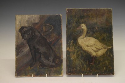 Lot 633 - Two unsigned oils - Black Pug dog, and Goose