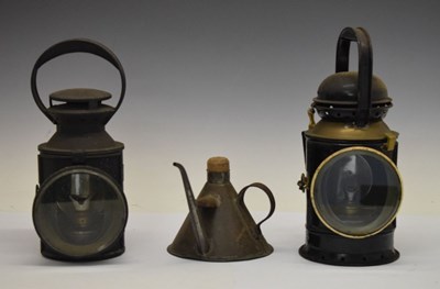 Lot 219 - Two vintage carriage lamps stamped GWR & LMS, together with an  oil can